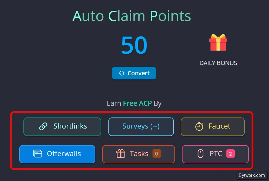 Fire Faucet Auto Claim Points balance with six earning options: shortlinks, surveys, faucet, offerwalls, tasks and PTC